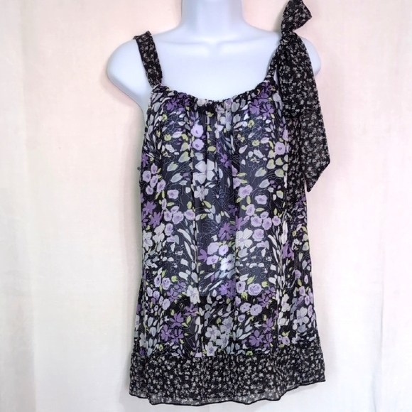 Maurices Sheer Black Floral Tank Blouse with Tie Shoulder Size Large - Picture 1 of 4